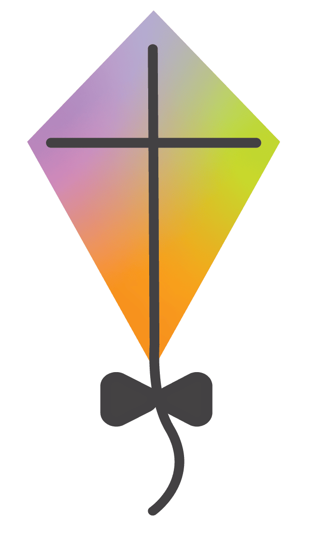 Colorful kite flying outdoors at Camp One Step with vibrant sky background.