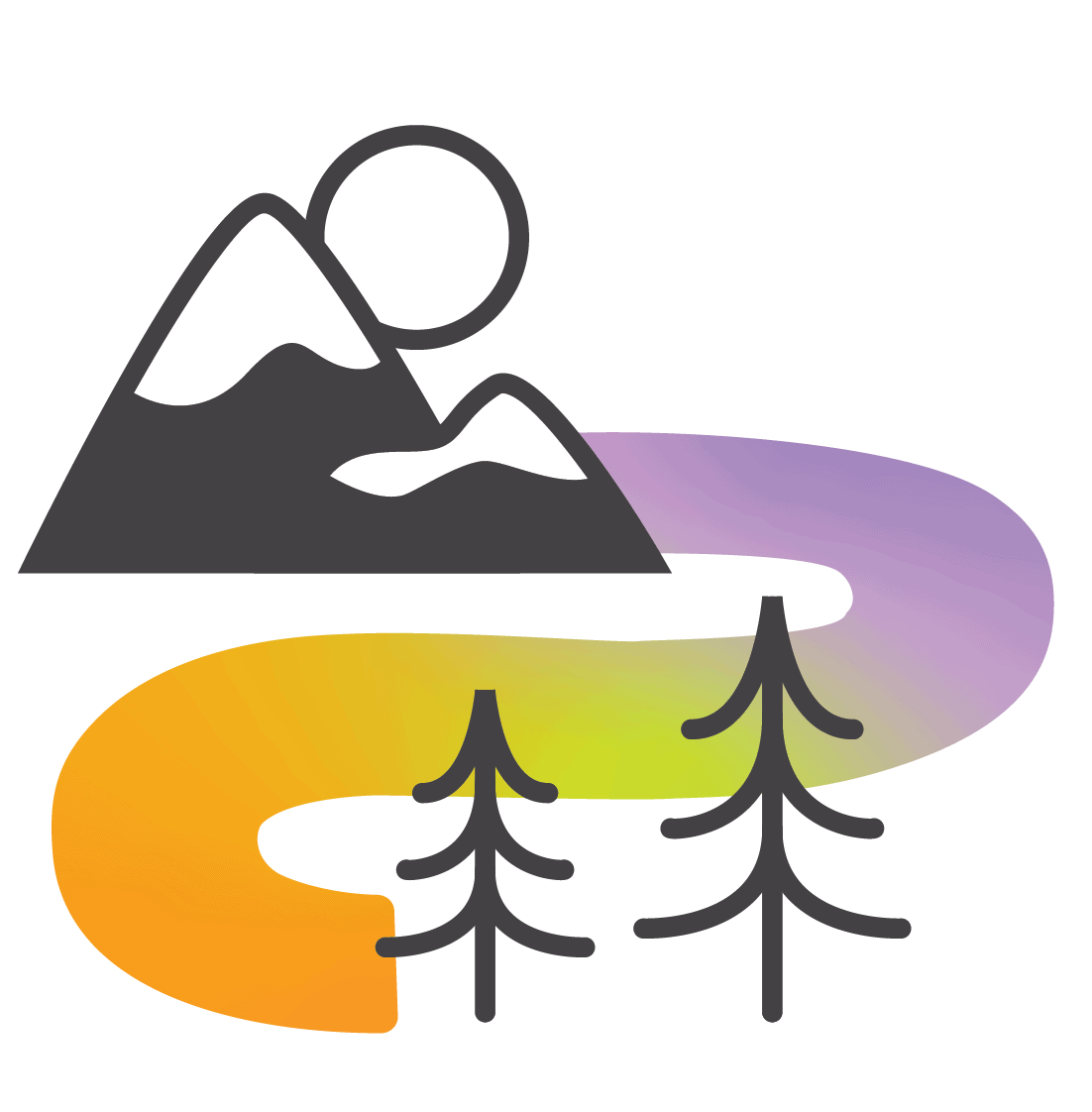 Colorful abstract landscape with mountains, trees, and a river for outdoor activity enthusiasts.