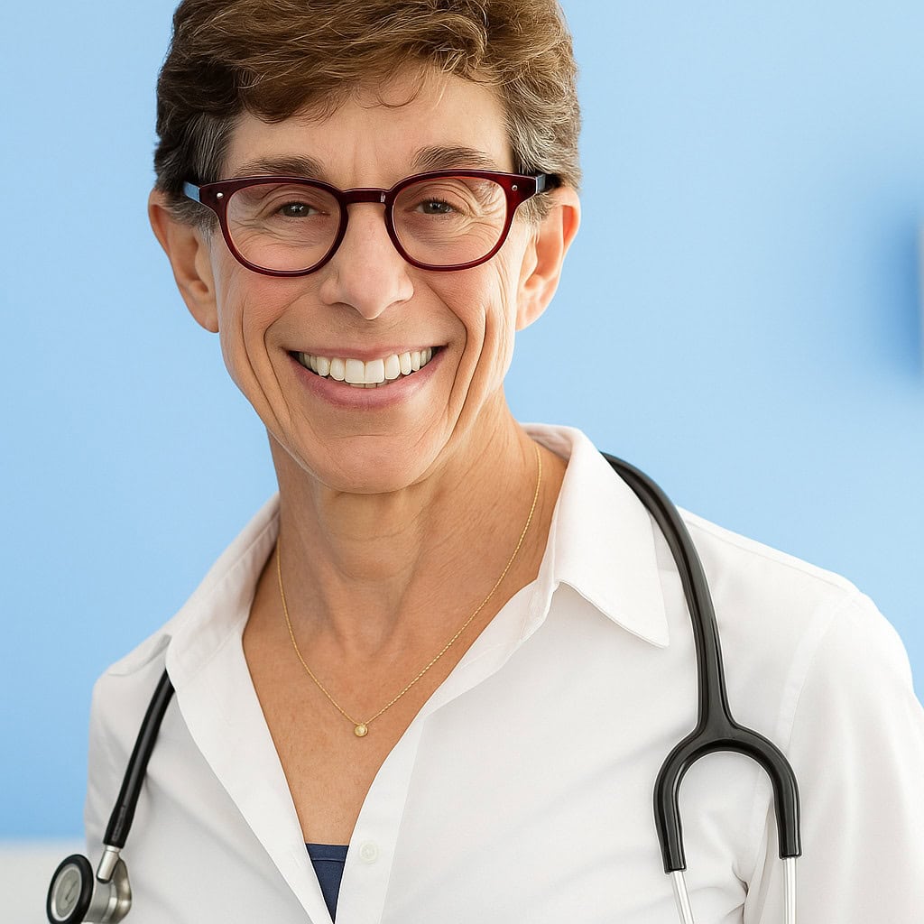 Compassionate female doctor with stethoscope, smiling, in medical office setting.