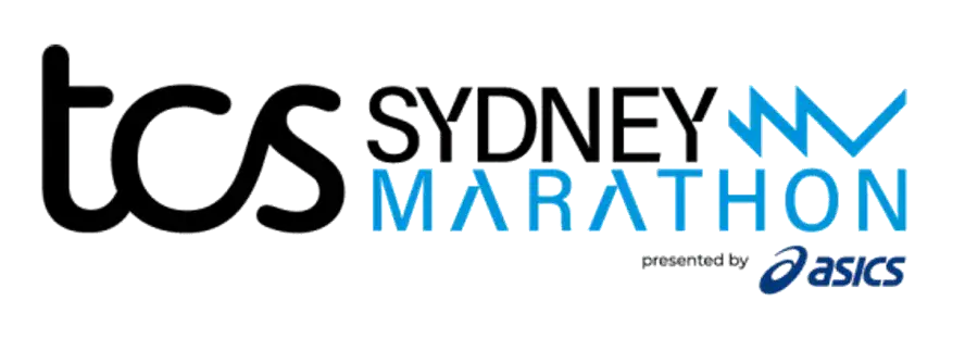 Running the Sydney Marathon with a clear blue sky background, promoting marathon events in Sydney.