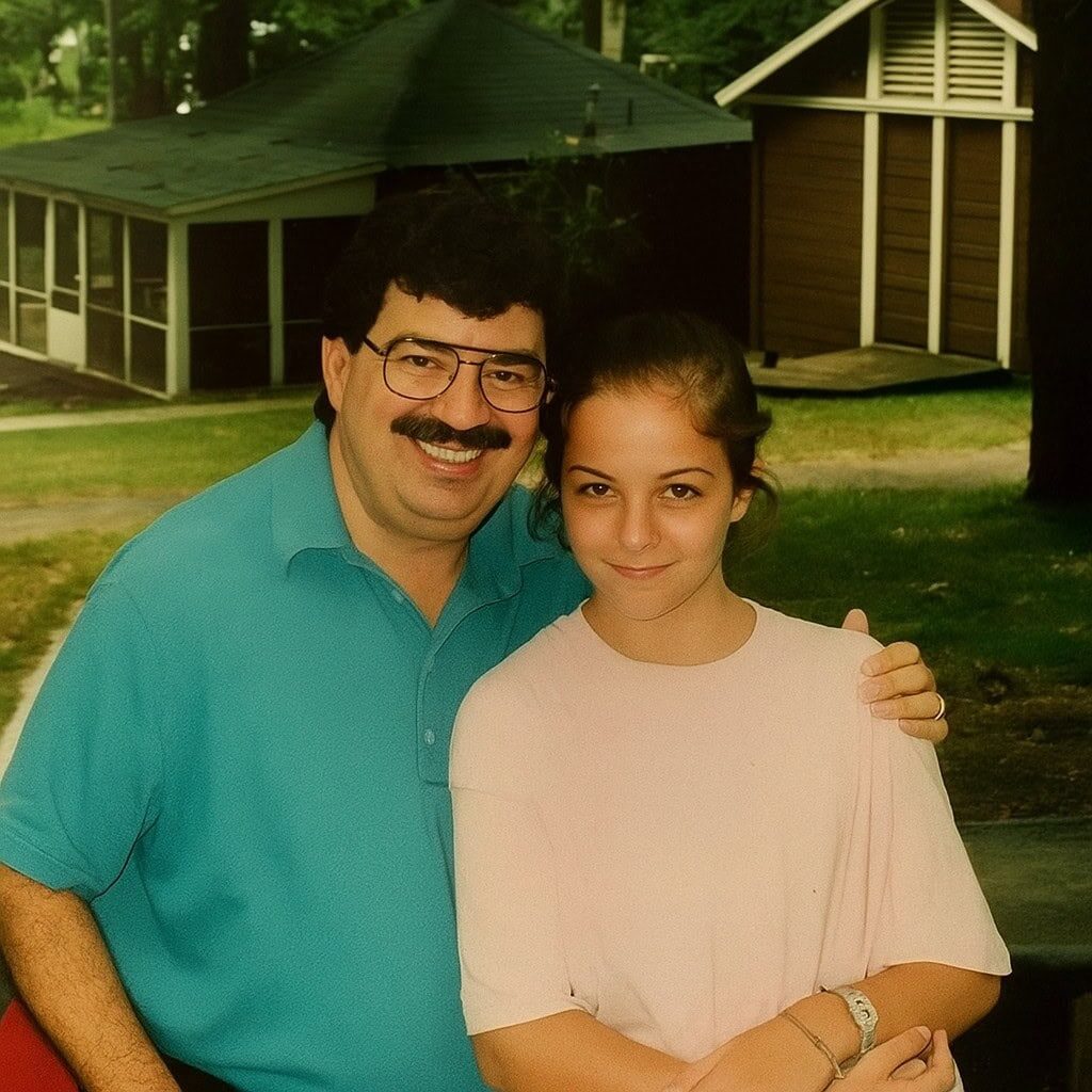 Smiling man and girl at Camp One Step outdoor cabins, childhood memories.