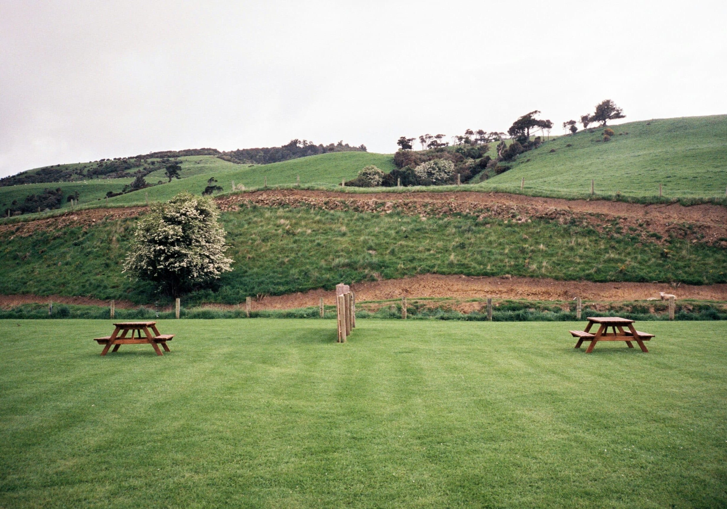 Green field with picnic tables and hills